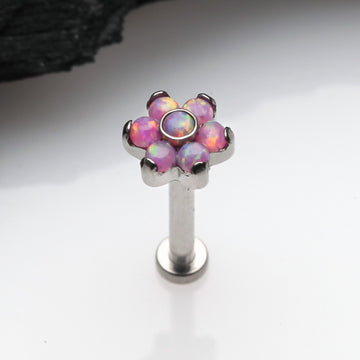 Detail View 1 of Implant Grade Titanium OneFit Threadless Brilliant Fire Opal Flower Top Flat Back Stud Labret-Pink Opal
